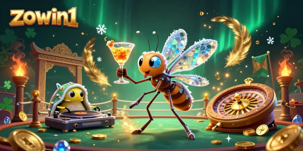 Engage with the vibrant scene of zowin1 featuring a lively mosquito mascot, trilobite DJ, and a golden roulette wheel.