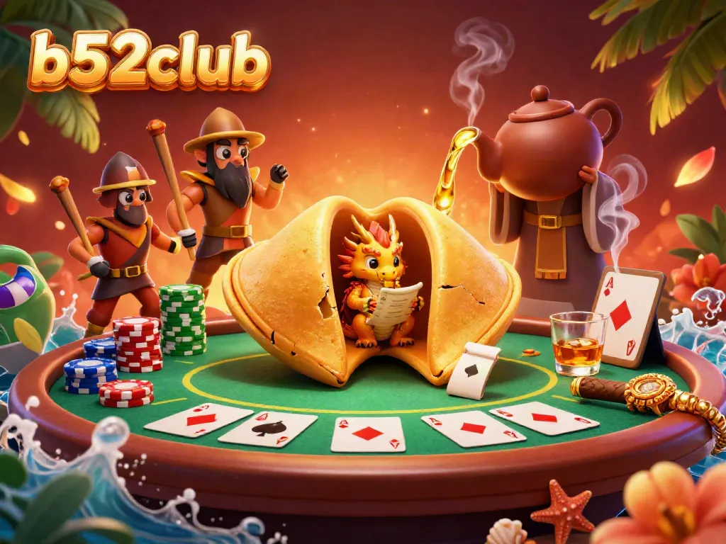 b52club engaging scene with a golden fortune cookie, dragon, and chopstick warriors on a poker table