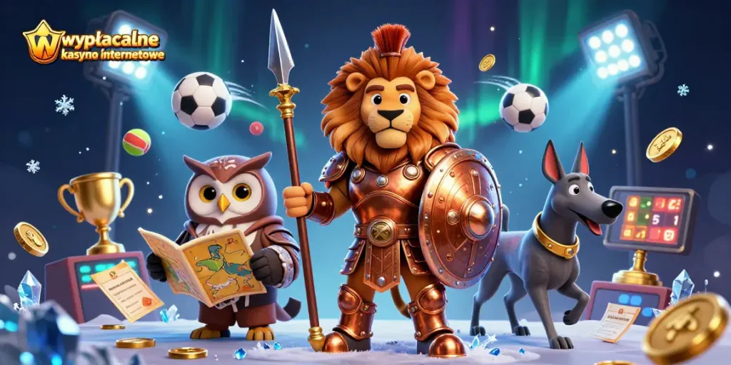 Betting on wypłacalne kasyno internetowe with a heroic Spartan lion and dynamic sports elements.