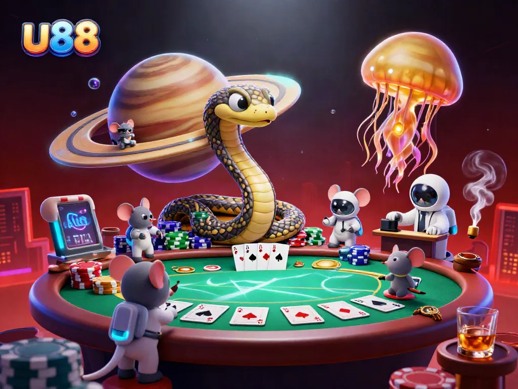 Experience vibrant gambling excitement at u88 with a cosmic dealer and cartoon characters in an extraordinary roulette scene.