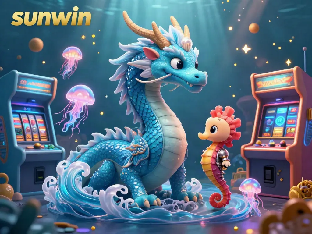 Experience the excitement of the sunwin gaming world featuring an azure dragon, a sea knight, and neon jellyfish amidst vibrant casino elements.