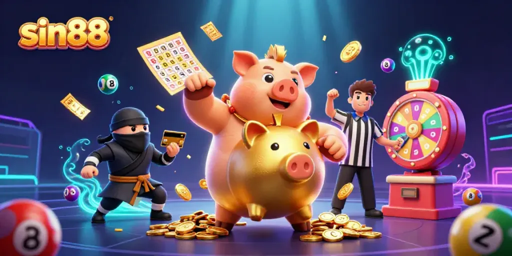 Engage in thrilling moments at sin88 with a dynamic casino scene showcasing cartoon characters and vibrant game elements.