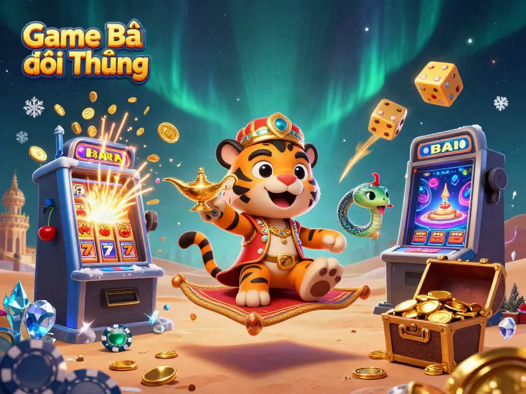 Experience Game Bài Đổi Thưởng action with an Arabian-themed tiger sultan in a vibrant casino world.