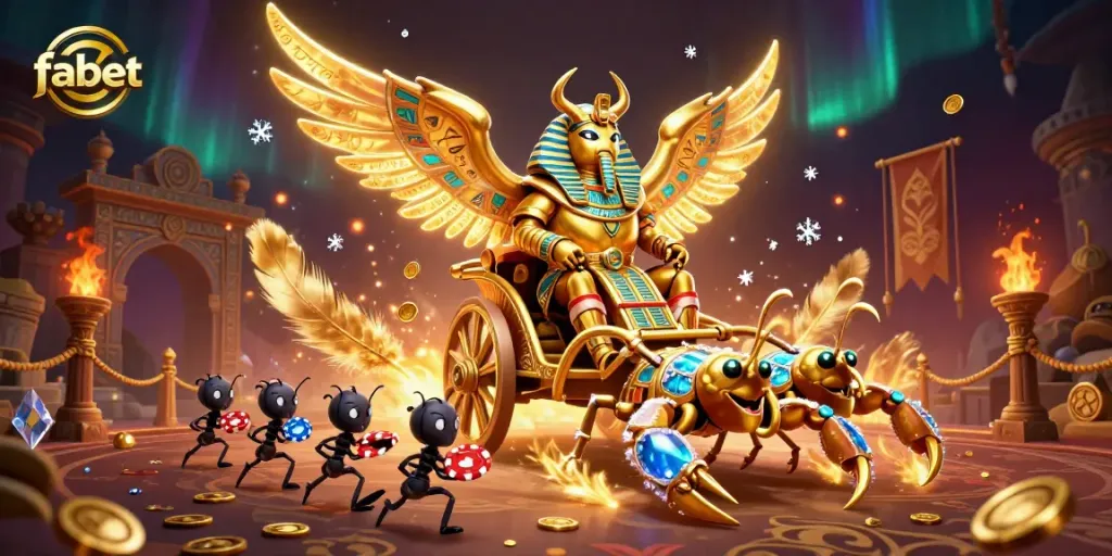 Experience fabet's dynamic gaming with a vibrant 3D chariot scene, packed with casino elements.