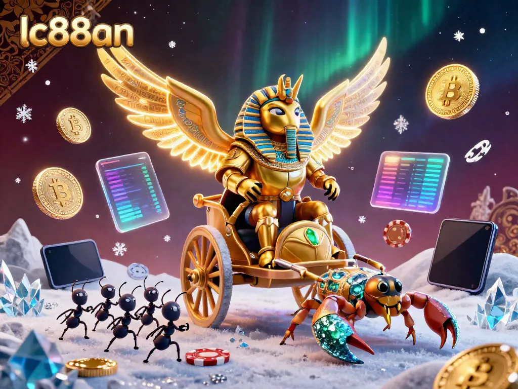 Engage with lc88an's captivating gaming scene featuring a golden scarab beetle amidst digital currencies.