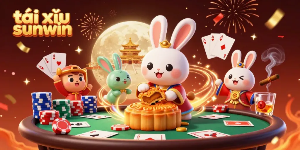 Engage in tài xỉu sunwin with a whimsical scene of a folklore moon rabbit revealing poker chips.