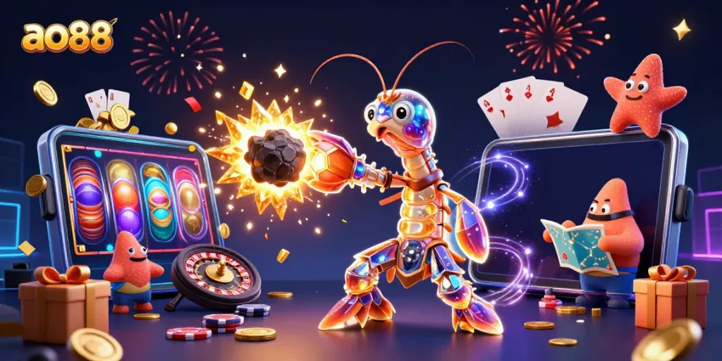 Experience excitement with ao88 through a vibrant 3D scene of a galactic samurai mantis shrimp.