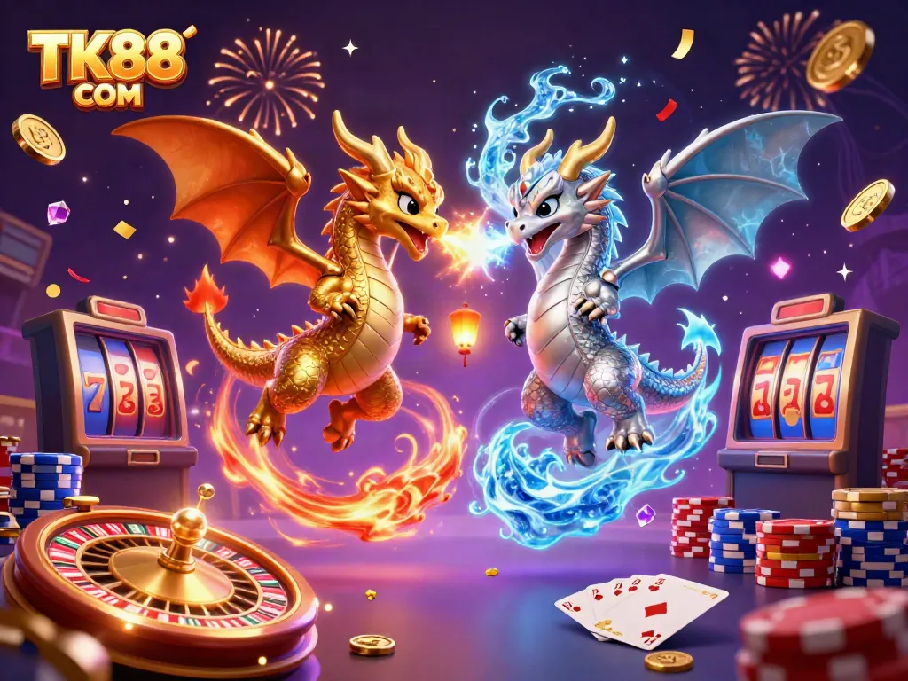 Experience the excitement of TK88 COM with 3D dragons and vibrant casino elements in an engaging gaming scene.
