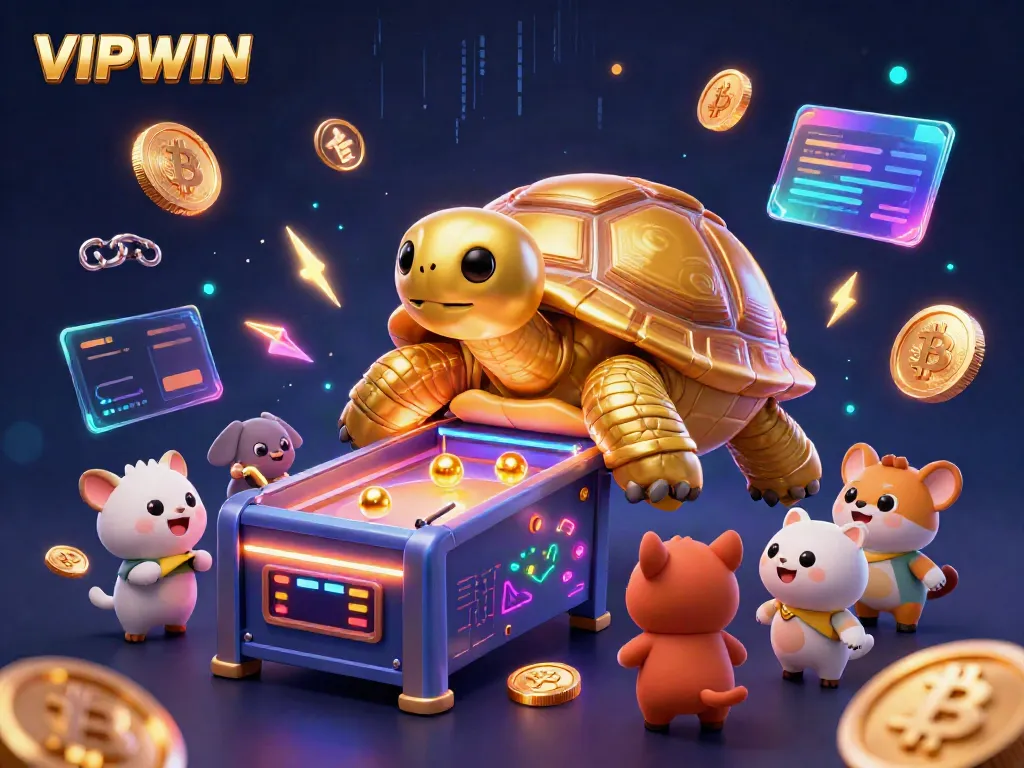 Engage with VIPWIN, where a golden tortoise pinball machine captivates players in a vibrant casino scene.