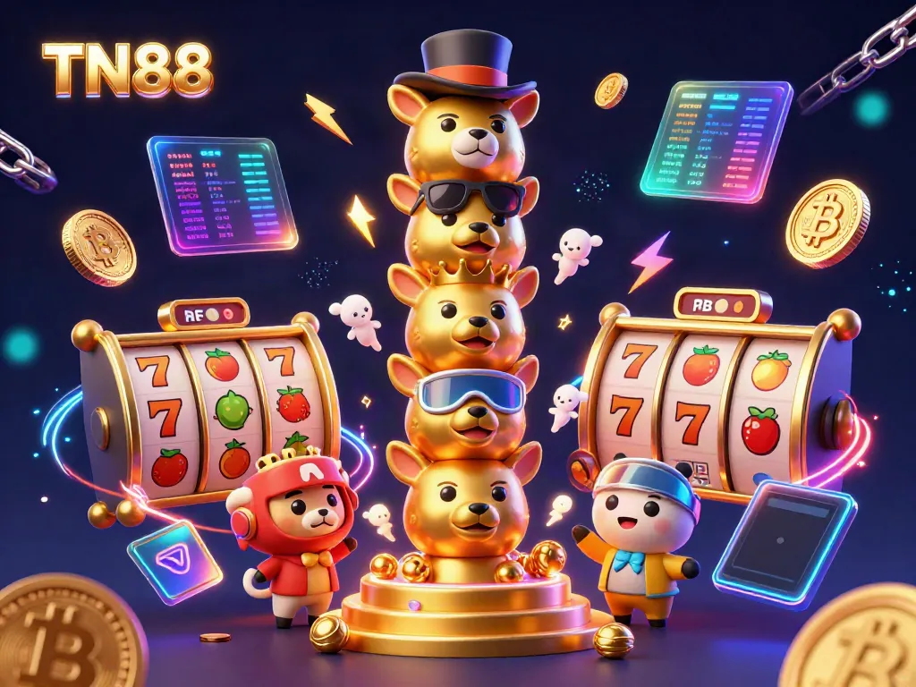 Engage with the exciting TN88 casino world featuring vibrant slot symbols and crypto elements.