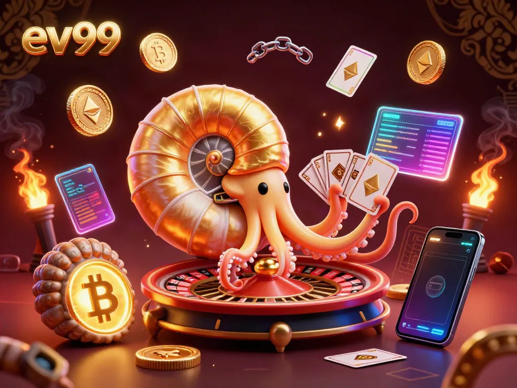 ev99 highlights an exhilarating gaming experience with a stunning underwater casino scene featuring a giant nautilus and crypto coins.