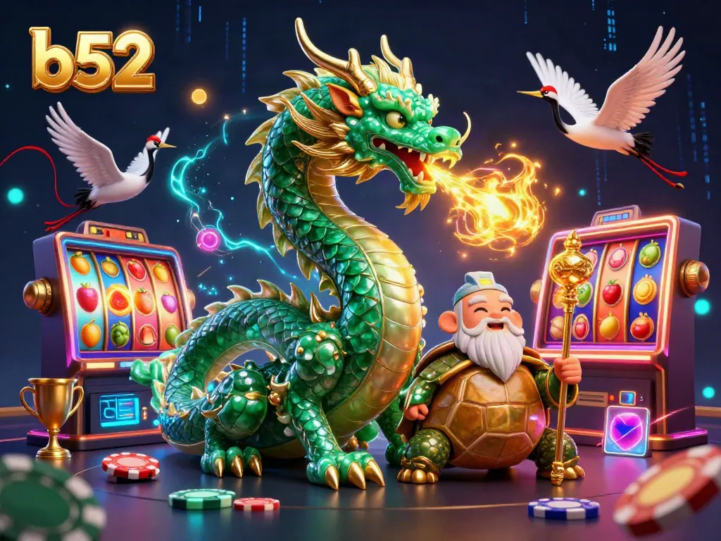 Experience thrilling b52 casino energy with a vibrant dragon and lucky symbols in a stunning illustration.