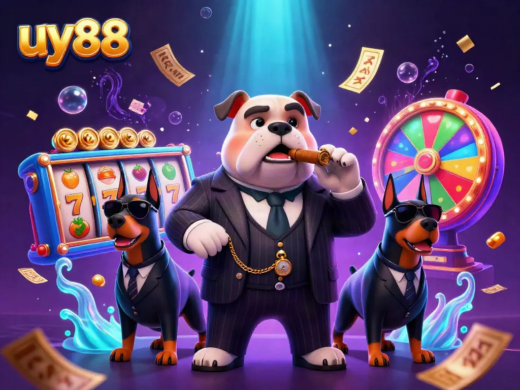 Experience the excitement of uy88 with vibrant slot machines, a mafia boss bulldog, and dynamic gameplay elements.