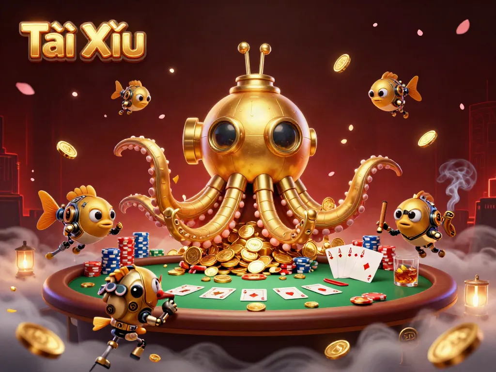 Experience Tài Xỉu with an engaging scene of a golden kraken submarine amidst a rich casino atmosphere.