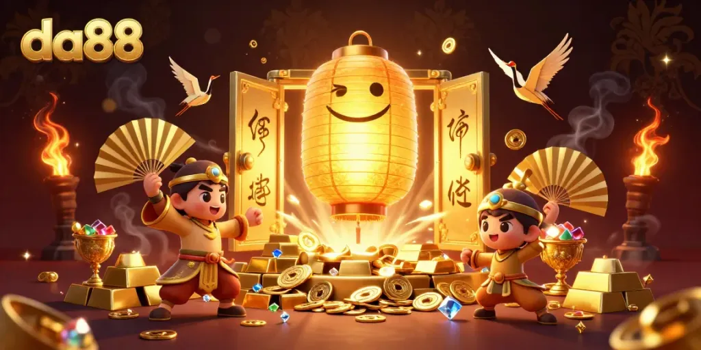 Win big at da88 with a vibrant night market casino scene featuring lucky symbols and golden treasures.