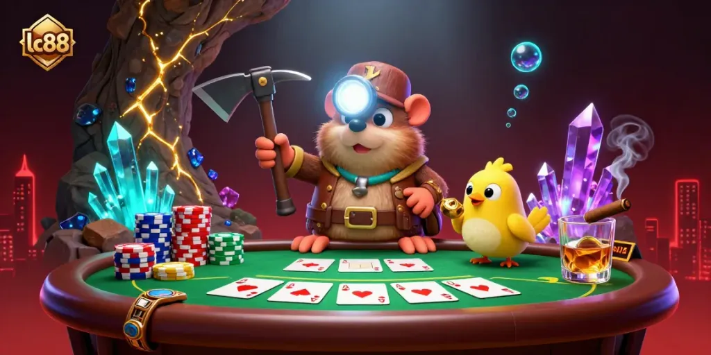 Feel the excitement with lc88 as a cartoon treasure hunter mole mines gold amid a vibrant poker scene.